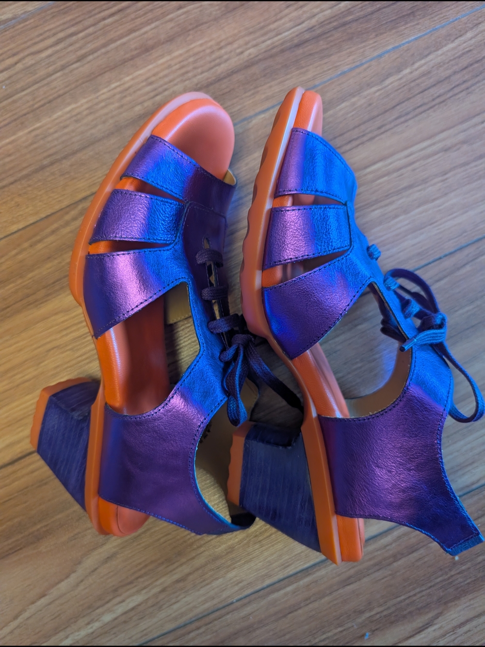 John Fluevog Iridescent Purple Lace-Up Heels with Bright Orange Soles